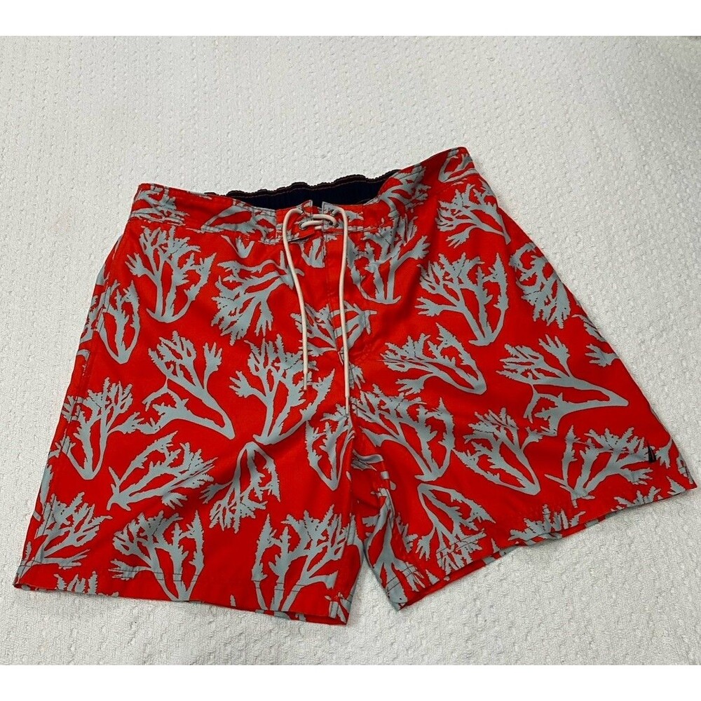 Nautica Men's Red and Gray Coral Print Swim Trunks Size XL Zippered Back Pocket
